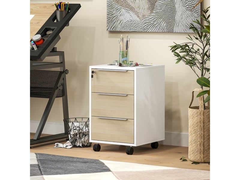  Classeur à roulettes, 3 tiroirs, serrure et 2 clés, idéal pour bureau ou salon, 40 x 40 x 63,5 cm, blanc et chêne.  - Conforama D