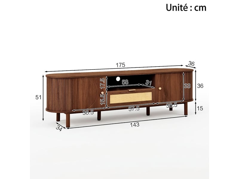  Meuble tv noyer 175 cm avec design incurvé et portes demi-cercle  - Conforama C