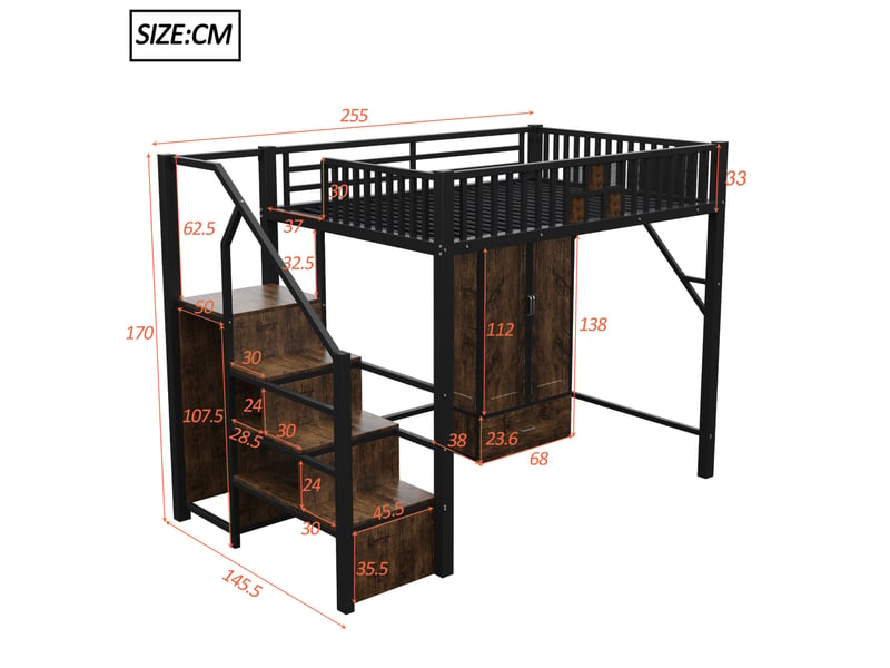  Lit mezzanine 140x200 cm avec armoire et rangements, coloris noir  - Conforama C