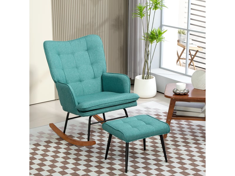  Fauteuil à bascule avec repose-pieds, assise large, dossier haut, imitation lin, vert menthe  - Conforama C