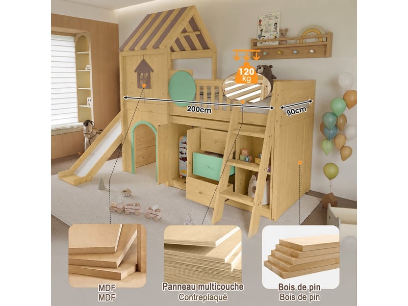  Lit superposé cabane avec toboggan 90x200 cm bois massif, barrière de sécurité, escalier, placard, tiroirs et rangements BrimViber - Conforama B