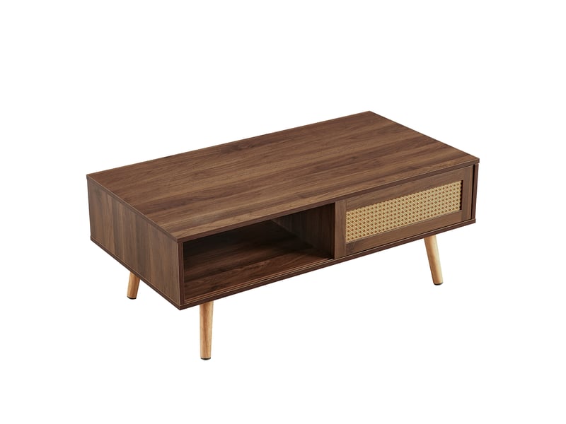  Table basse moderne en rotin, noyer foncé, 105 × 55 × 40 cm, portes coulissantes, pieds bois massif  - Conforama E