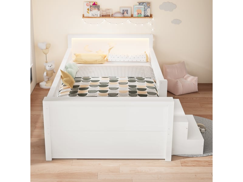 Lit simple enfant 90x200 cm - 4 tiroirs et rangement - tête de lit led avec motifs étoiles et lune - barrières et marchepied - blanc - Conforama E