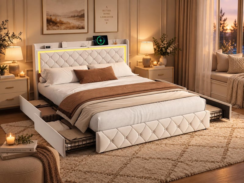  Lit coffre capitonné 140 x 190 cm - avec espace de rangement - led, ports usb et type-c -  velours  - Conforama B