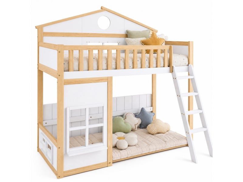  Lit superposé enfant 90x200 cm avec escalier et barrières bois et mdf blanc et naturel sans matelas  - Conforama A