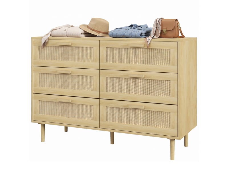  Commode 6 tiroirs avec cannage en rotin aspect bois clair 110 x 40 x 75 cm  - Conforama B