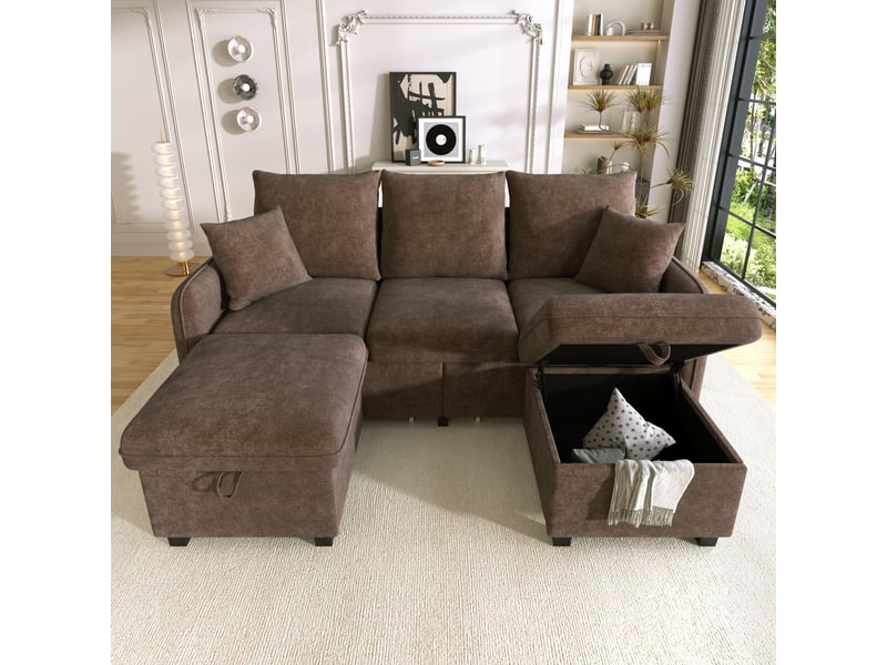  Canapé d'angle 3 places en tissu chenille, canapé modulable avec deux poufs, convertible en lit, rangement intégré, marron antique  - Conforama C