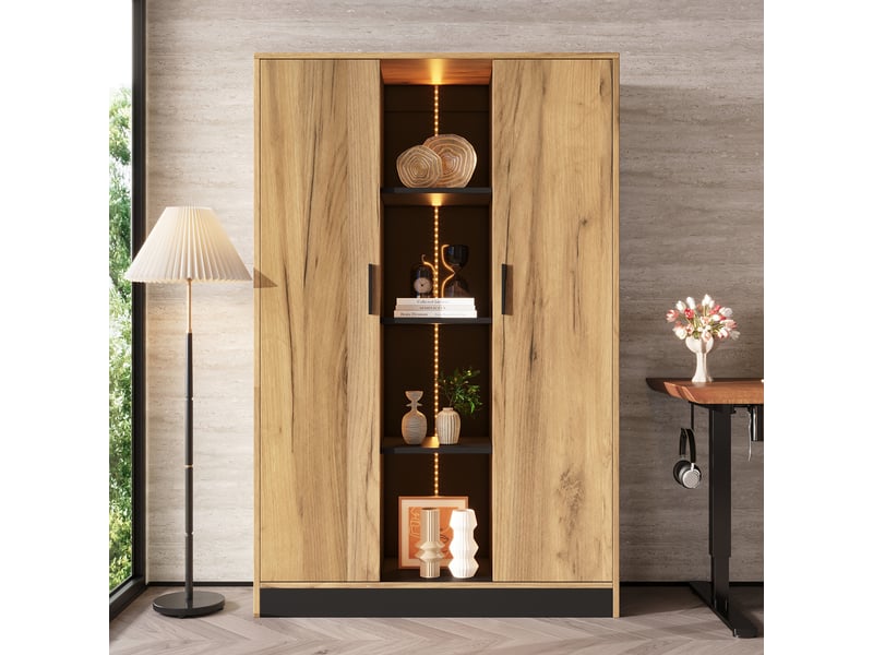  Vitrine bibliothèque 95x35x160 cm avec led, meuble de rangement effet chêne et noir, étagères réglables, pour salon bureau entrée  - Conforama B