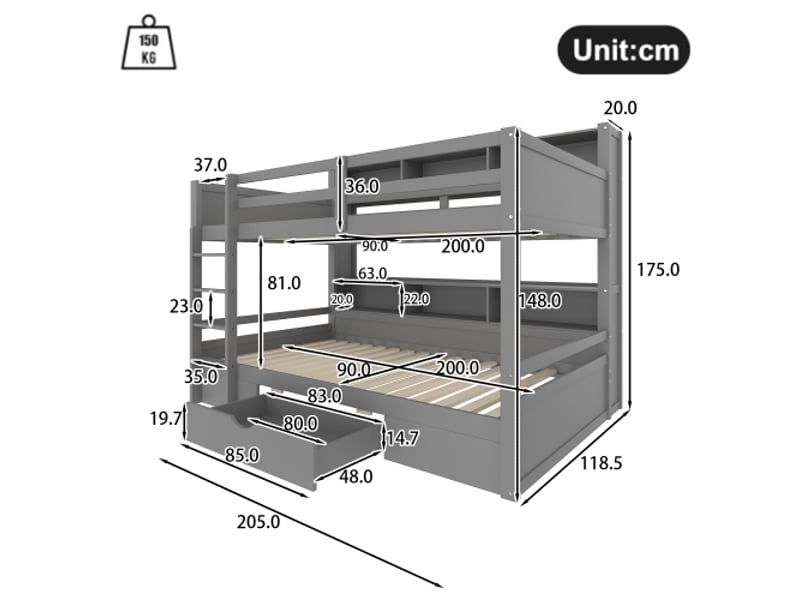 Lit superposé 90x200 cm, lit enfant 2 places avec tiroirs, en bois, gris, sans matelas - Conforama D