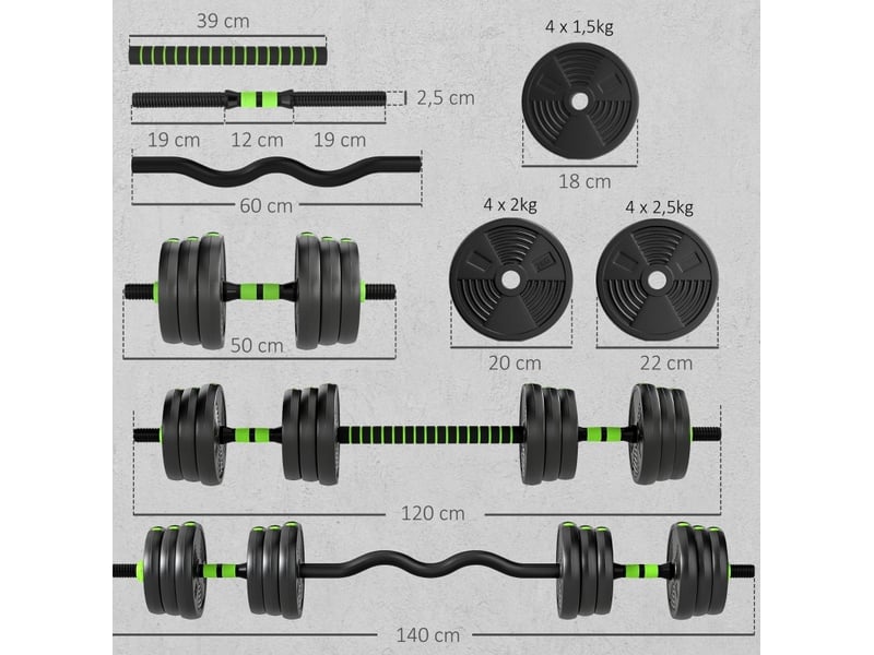  Set d'haltères réglables 25 kg 140 x 22 x 22 cm vert en plastique, 3 en 1 pour musculation avec barres  - Conforama B