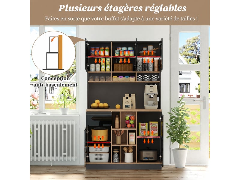  Buffet de cuisine moderne 105 x 45 x 185 cm, portes brillantes et rangements, anthracite et noir  - Conforama D