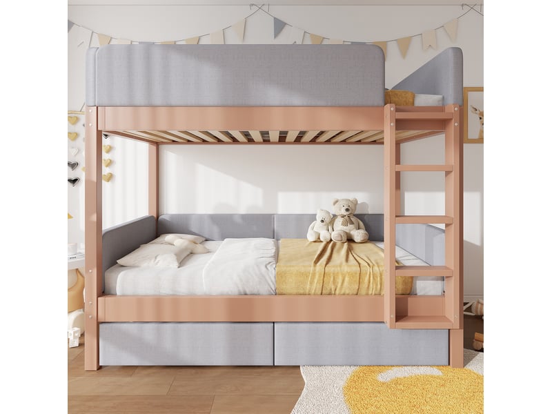  Lit superposé enfant 90x200 cm avec 2 tiroirs et escalier droit, gris et naturel  - Conforama B