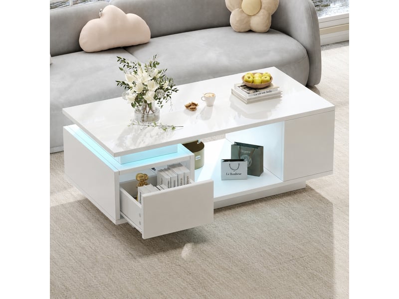  Table basse led blanche avec tiroir, finition brillante, rangements, 100 x 50 x 36 cm, blanc  - Conforama C
