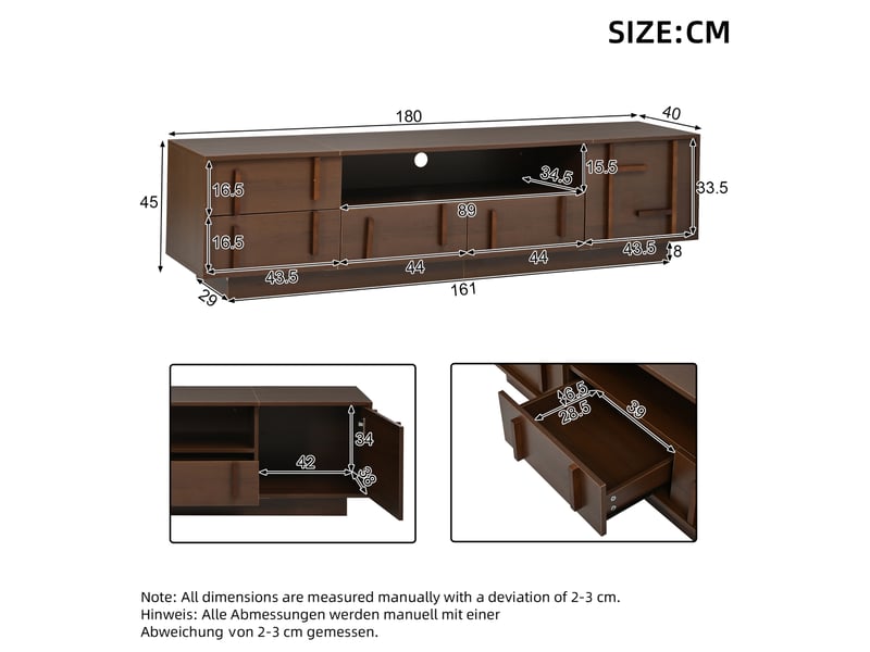 Meuble tv 180x40x45 cm avec 4 tiroirs et un porte en mdf, passage de câbles, couleur marron, design vintage  - Conforama C
