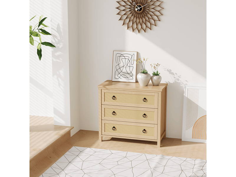  Commode en rotin 3 tiroirs, meuble haut et large en bois, tiroirs profonds, sécurité enfants，pour chambre, salon ou couloir PHO_339M6Q4K - Conforama E
