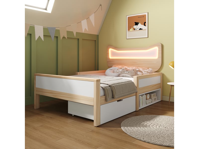  Lit enfant 90x190 cm, tête de lit à oreilles de chat avec led rgb, tiroir et rangement réversibles, barrières de sécurité, pin et mdf, blanc et chêne OMNIGLINT TRADING LTD - Conforama D
