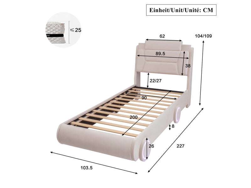  Lit simple enfant voiture 90x200 cm en velours beige crème, tête de lit réglable  - Conforama C