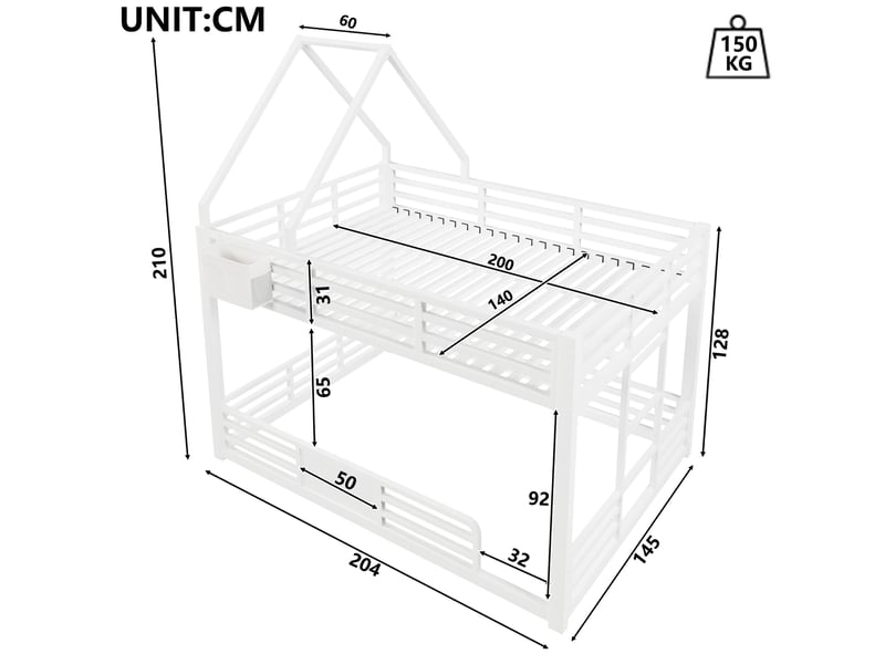  Lit superposé modenvie 140 x 200 cm avec structure toit, led multicolores, poches en tissu, métal et mdf blanc  - Conforama C