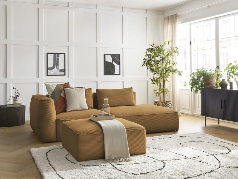 Bobochic canapé droit fixe 3 places leopold velours côtelé avec pouf jaune accoudoir gauche LEOPOLD - Conforama B