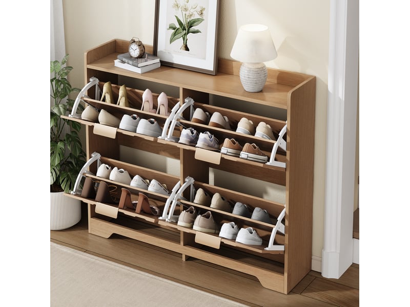 Meuble à chaussures avec 4 abattants et plateau supérieur, façade 3d, pour entrée, mdf naturel, 105 × 24 × 90 cm  - Conforama B