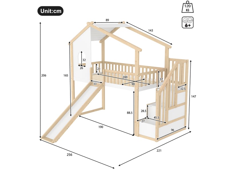 Lit mezzanine cabane enfant 90 x 200 cm avec toboggan, rangements, naturel et blanc - Conforama C