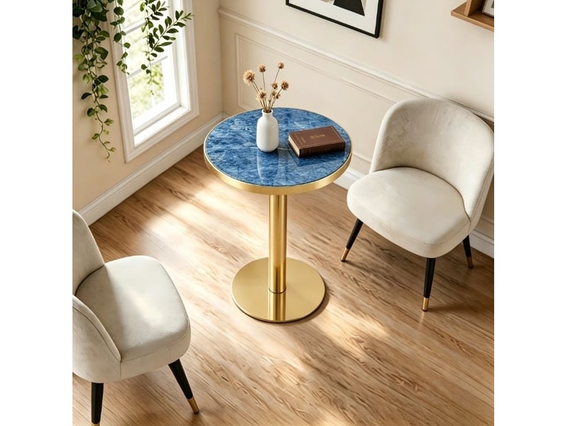  Table d’appoint ronde, table basse moderne table salon style effet marbre, plateau mdf, piètement métal, coloris bleu  - Conforama D