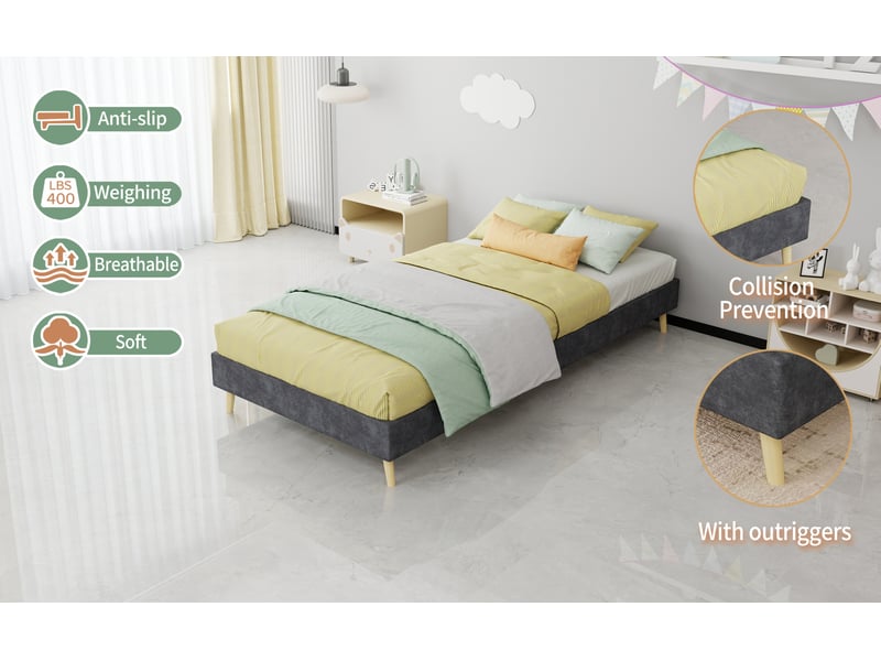  Cadre de lit 1 place 90x200 cm en velours gris, sans tête de lit  - Conforama R