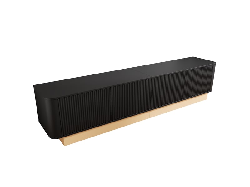  Meuble tv 200 cm noir 4 portes nervurées avec étagères réglables, style minimaliste moderne en mdf  - Conforama W