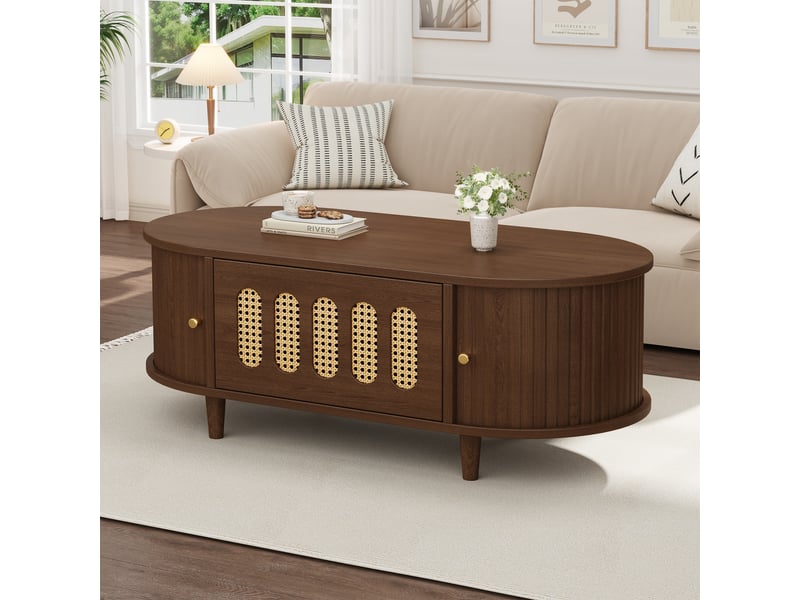  Table basse 100x50x40 cm, rangement avec 1 tiroir et 2 portes coulissantes, motif rotin, mdf, décor noyer  - Conforama C