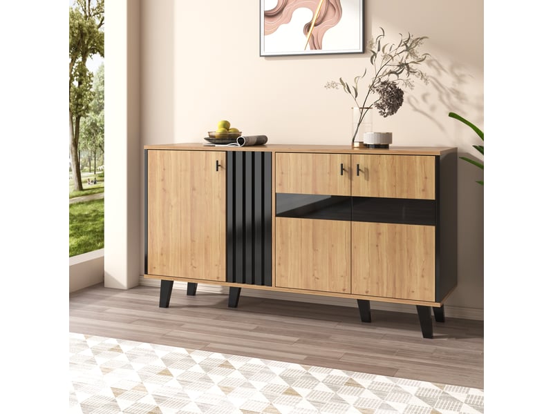  Buffet de rangement avec 3 portes, étagères intérieures, verre et led, pour salon, panneaux de particules, naturel  - Conforama B