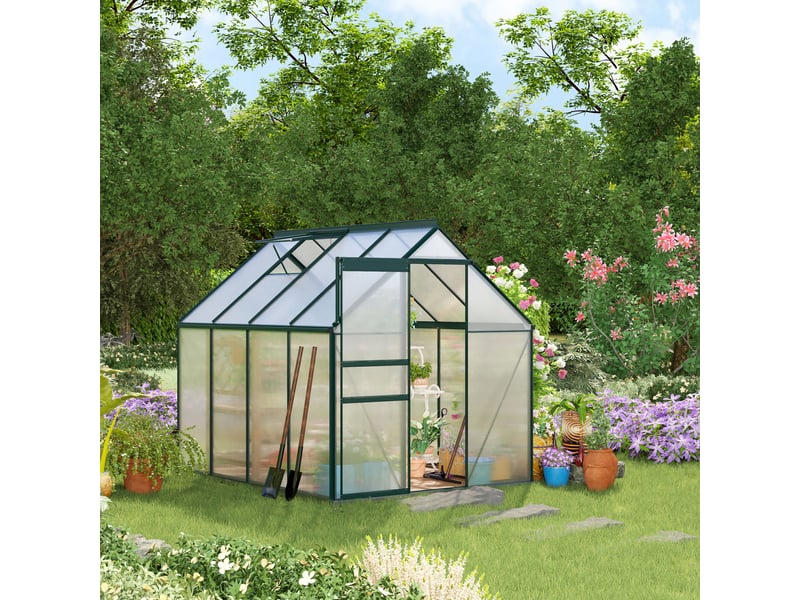 Serre de jardin en polycarbonate, métal et aluminium, anti-uv et coupe-vent, 190 x 253 x 199 cm, verte  - Conforama D