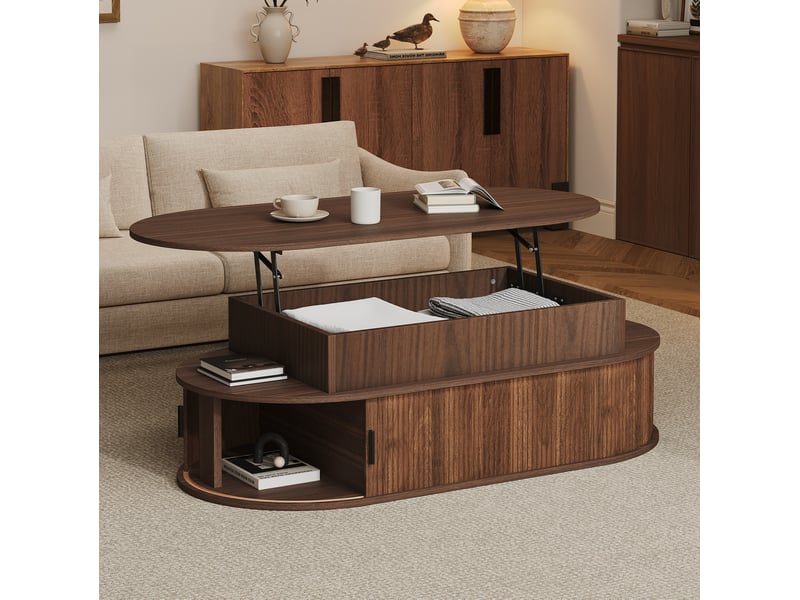 Table basse ovale relevable avec rangement, table salon en mdf coloris noyer, 100x50x40 cm - Conforama W