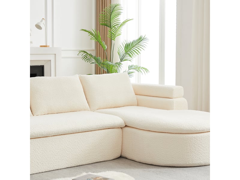 Canapé d'angle avec méridienne en chenille 3 places beige crème - dossier épais et forme arrondie  - Conforama E