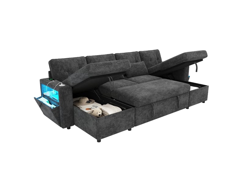 Canapé d'angle modulable en u 4 places convertible, 2 méridiennes, rangement, led, usbtype-c, chenille gris - Conforama A