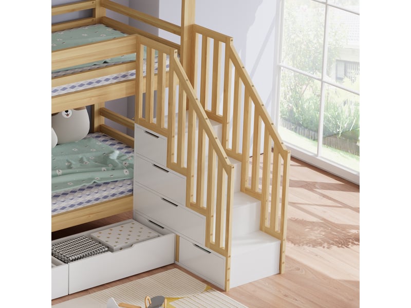 Lit superposé 90×200 cm avec tiroirs, fenêtres et escalier de rangement avec rampes, forme de maison adapté aux enfants et adolescents, blanc et naturel - Conforama D