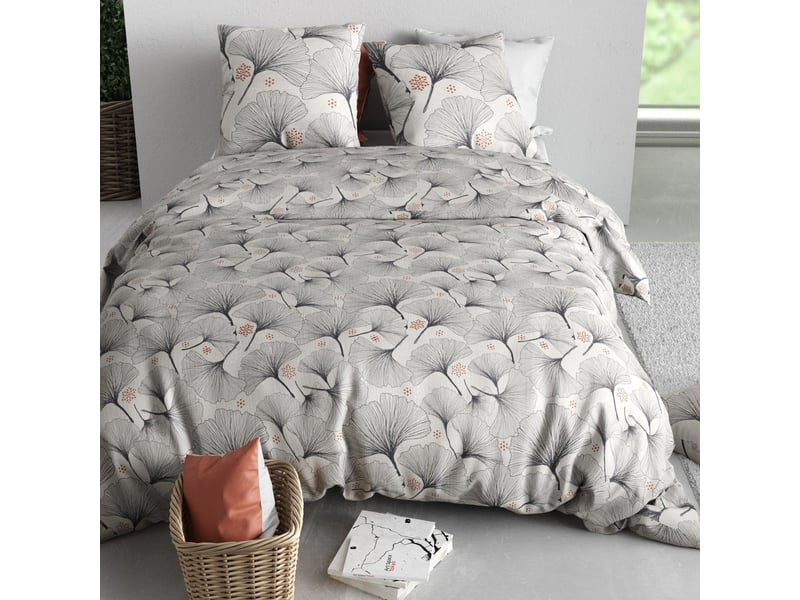  Parure housse de couette 240x220cm + 2 taies motif feuillage ginko gris 100% coton - frezia FREZIA - Conforama C