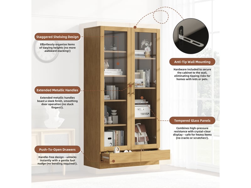  Vitrine avec portes en verre et tiroir push-to-open coloris bois 80 x 40 x 160 cm  - Conforama D