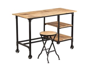 Bureau d'ordinateur, bureau avec tabouret pliant bois de manguier massif 115x50x76cm