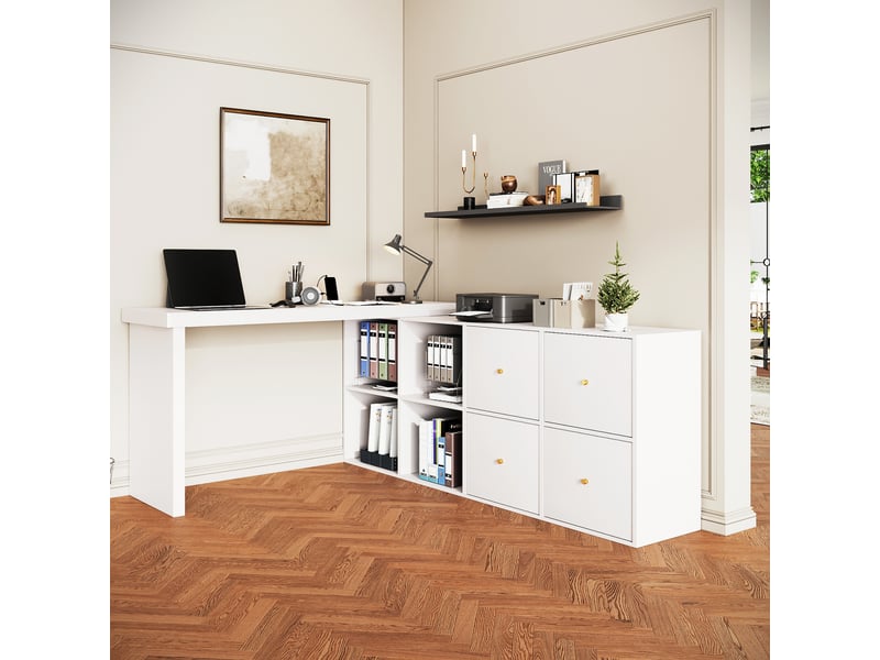  Bureau d'angle pivotant 360°, bureau en l blanc avec rangements, table informatique modulable avec 4 tiroirs et 4 compartiments.  - Conforama B