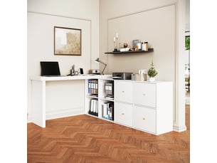 Bureau d'angle pivotant 360°, bureau en l blanc avec rangements, table informatique modulable avec 4 tiroirs et 4 compartiments.