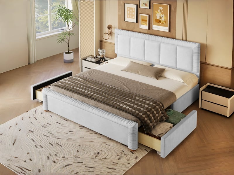  Lit rembourré 180 x 200 cm en velours français, avec deux tiroirs de rangement et surpiqûres verticales décoratives, coloris gris  - Conforama B