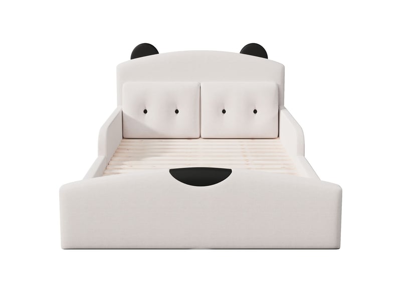  Lit double 140 x 200 cm cadre de lit plateforme structure plateforme revêtement en lin tête de lit rembourrée design ours 2 coussins décoratifs coloris blanc  - Conforama E