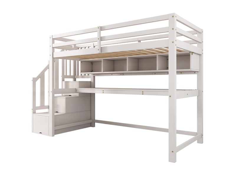 Lit mezzanine enfant 90x200cm blanc en bois massif et mdf avec escalier de rangement, bureau et étagères, peinture écologique - Conforama D