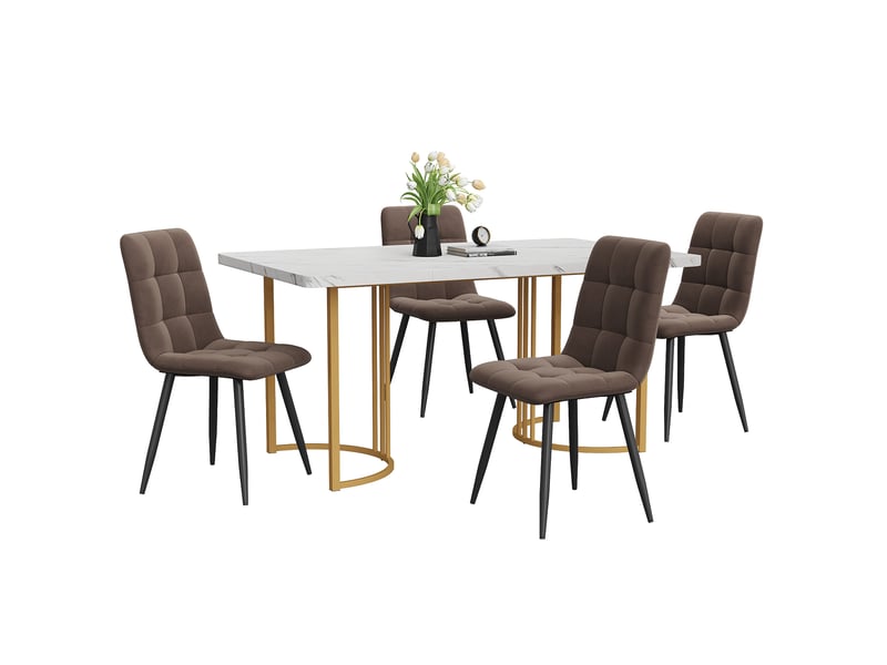  Ensemble repas 5 pièces, table mdf motif marbre, piètement métal réglable, chambre, 4 chaises velours, blanc et marron  - Conforama A