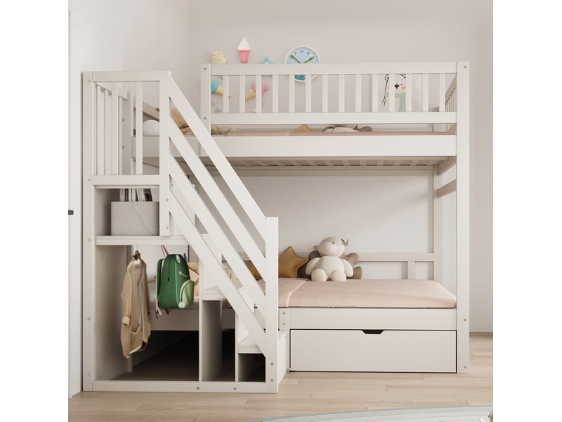  Lit superposé 140x200 cm avec garde-corps hauts, échelle de rangement et tiroirs intégrés, bois, blanc, sans matelas  - Conforama D