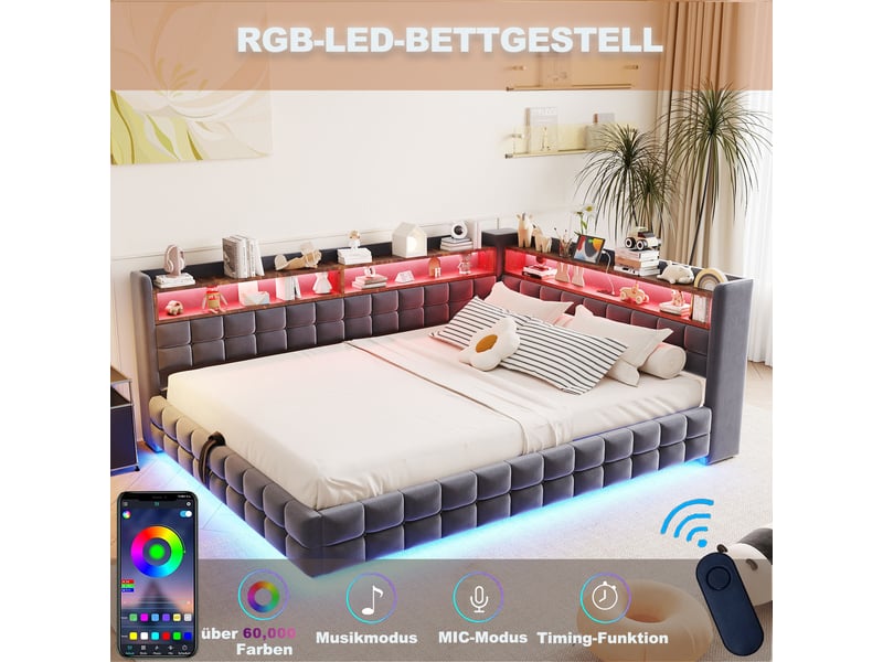 Lit coffre hydraulique 140x200 cm avec étagères, led et prises usb-c, velours gris foncé, sans matelas - Conforama D
