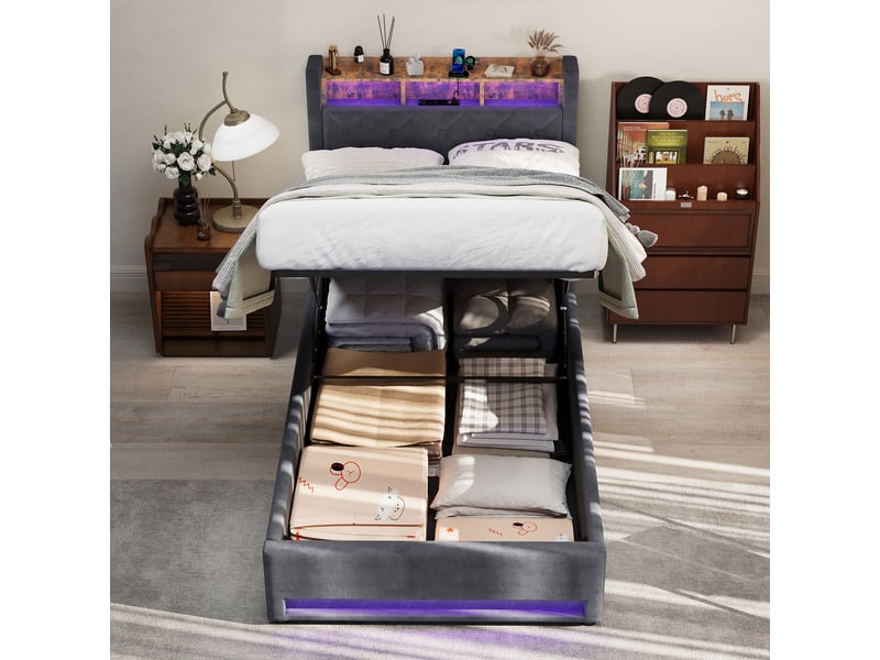  Lit 1 personne 90x200 cm avec rangement, led et usb gris homvra  - Conforama D