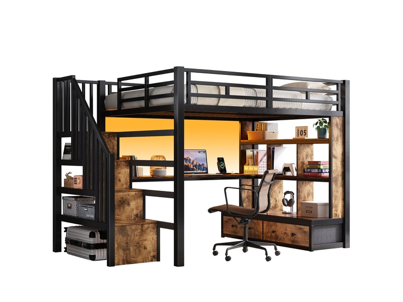 Lit mezzanine 140x200 cm avec bureau et rangements, escalier avec rangement et 2 tiroirs, led intégrée, métal noir - Conforama A