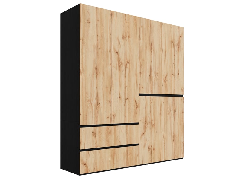  Armoire battante 180x50x200 cm, 2 tringles, 5 tiroirs, mdf, bois et noir, chambre et dressing, rangement vêtements déco  - Conforama A