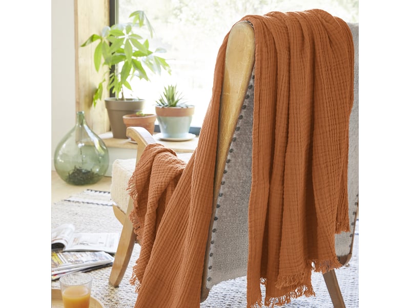  Plaid 130x160 cm gaze de coton terra abricot PD25202 - Conforama B